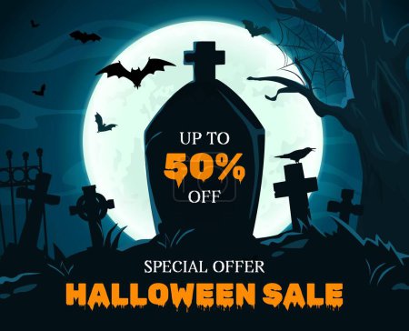 Illustration for Halloween sale banner with cemetery gravestone and crosses landscape vector background. Halloween trick or treat holiday special offer flyer with cartoon flying bats, creepy trees, cobweb and moon - Royalty Free Image