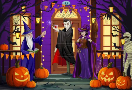 Illustration for Halloween holiday scary characters on the porch near the door. Vector decorated cottage house facade with guests wearing costumes of vampire, witch, wizard and mummy ready to celebrate All Hallows Eve - Royalty Free Image