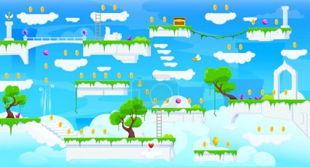 Téléchargez les illustrations : Arcade carte de niveau de jeu avec des plates-formes de glace, échelles et nuages pelucheux dans le ciel bleu ciel, fond vectoriel. Carte de niveau jeu de dessin animé avec des plates-formes de roches de glace et d'arbres verts avec des récompenses de pièces d'or - en licence libre de droit
