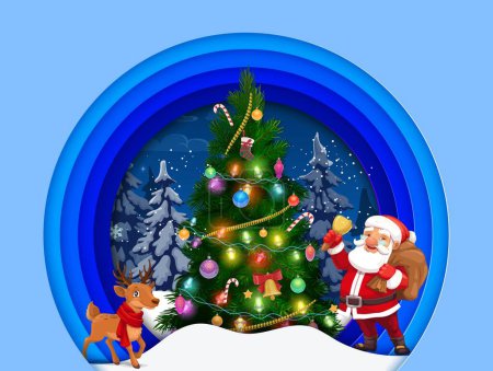 Ilustración de Papel navideño cortado tarjeta de felicitación con dibujos animados de Santa y renos cerca de pino árbol de vacaciones. Vector de Navidad y regalos de Año Nuevo, personaje de Santa Claus y ciervo con árbol de Navidad en el marco de origami en capas 3d - Imagen libre de derechos