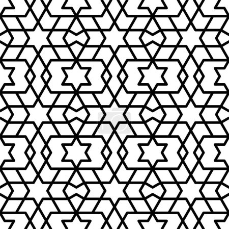 Illustration for Mashrabiya arabesque arabic pattern. Monochrome islamic seamless background. Arab ethnic symmetry wallpaper, fabric turkish mosaic vector print, arabesque ornate backdrop or oriental grid ornament - Royalty Free Image