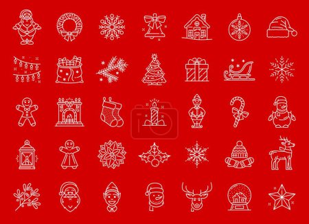 Téléchargez les illustrations : Icônes de ligne de Noël. Pictogrammes de contour des vacances d'hiver, symboles ou signes du Nouvel An. Jouet d'arbre de Noël, couronne, flocon de neige et cloche, traîneau de Père Noël, cheminée et bas, bougie, elfe, ensemble d'icônes vectorielles - en licence libre de droit