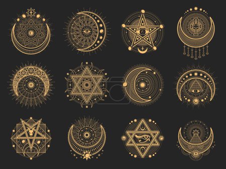 Halbmond und Mond esoterische okkulte Symbole, Tarot magische Symbole. Davidstern, Ankh und Auge des Horus okkulte Embleme. Religion alte Zeichen, Vorsehung Auge, magische Tätowierung oder Hexerei heilige Symbole