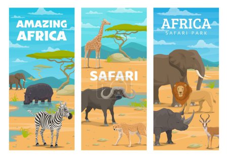 Ilustración de Safari caza o parque de animales africanos, cazador deporte vector banderas con elefante y cebra. Temporada de caza en sabana africana para hipopótamos salvajes, antílopes y leones con guepardo o buey de búfalo - Imagen libre de derechos
