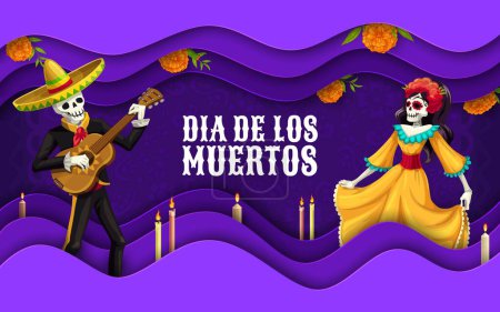 Illustration for Day of the Dead Dia De Los Muertos paper cut banner with marigold flowers, Catrina and mariachi musician cartoon characters. Mexico Halloween holiday vector card, wavy borders of 3d papercut layers - Royalty Free Image