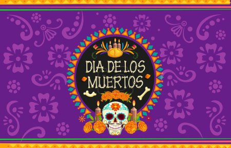 Illustration for Day of the Dead Dia De Los Muertos mexican holiday banner with vector skull and marigolds. Mexico Halloween altar offerings in ethnic pattern frame. Cartoon sugar skull, flowers, candles and bread - Royalty Free Image