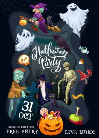 Illustration for Halloween paper cut party flyer with holiday characters. Vector trick or treat night horror ghost, witch, zombie, mummy, wizard cartoon personages in 3d frame with papercut borders, pumpkin, candies - Royalty Free Image