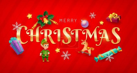 Ilustración de Banner de letras navideñas doradas. Tarjeta de felicitación vectorial navideña con luces brillantes, cajas de regalo, elfos, chucherías, dulces y copos de nieve sobre fondo rojo con adorno de rayas festivas y hojas de acebo - Imagen libre de derechos
