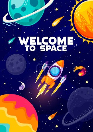 Ilustración de Cohete en galaxia, póster de paisaje espacial de dibujos animados con nave espacial y planetas en el cielo, fondo vectorial. Bienvenidos al afiche espacial con lanzadera de cohetes, aventura infantil en el espacio y ciencia de galaxias planetarias - Imagen libre de derechos