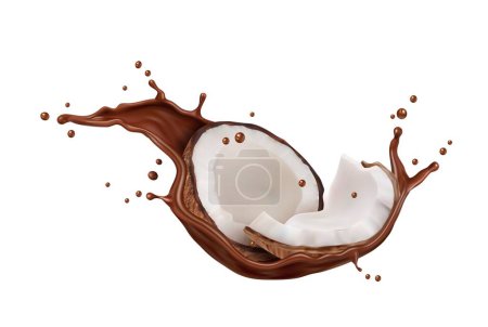 Illustration for Realistic chocolate milk splash with coconut for candy sweets or choco drink vector background. Coconut in cocoa or milk chocolate splashing long wave with drops for milkshake, ice cream or yogurt - Royalty Free Image