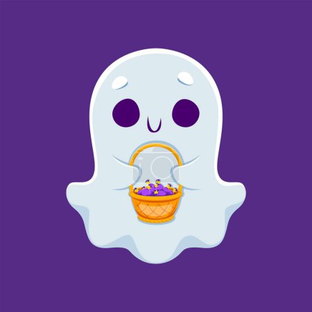 Illustration for Cartoon kawaii Halloween ghost monster character with candies. Autumn celebration cheerful ghost personage, Halloween monster vector cute personage, horror spirit funny spirit with candies in basket - Royalty Free Image