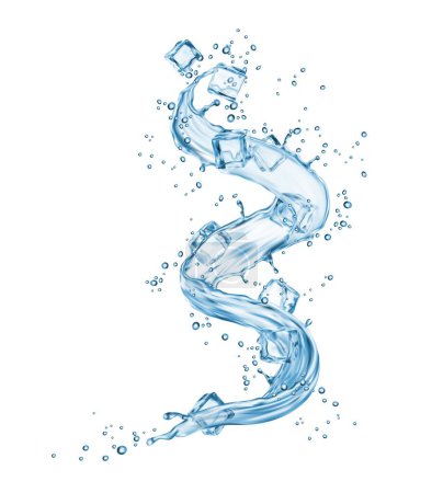 Liquid blue water spiral swirl splash with ice cubes in tornado pour flow, realistic vector background. Cold water or soda drink pouring swirl with spiral flow of ice cubes in sparkling water beverage