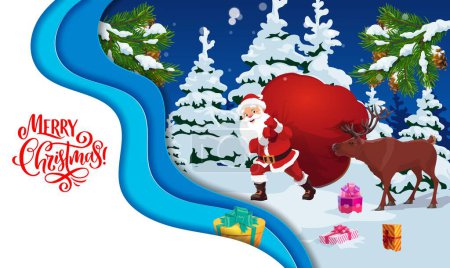 Illustration for Christmas paper cut cartoon Santa with gifts bag and deer in snowy forest. New Year, Christmas paper cut vector banner or backdrop. Winter holiday 3d background with cartoon Santa, reindeer characters - Royalty Free Image