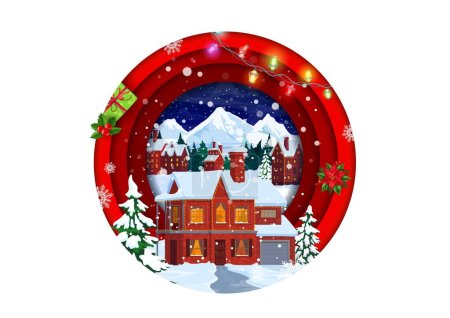 Illustration for Christmas paper cut landscape with winter house building and presents, vector Merry holidays. Xmas village or town with snowy homes in circle frame of 3d layers, Christmas lights, gifts and snowflakes - Royalty Free Image