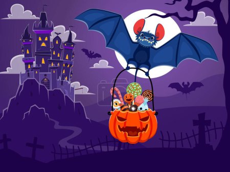 Illustration for Halloween nigh landscape with dark castle and flying bat with holiday sweets bucket. Vector holiday scene with cute cartoon character hurry for trick or treat party to creepy haunted house on rock - Royalty Free Image