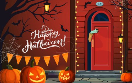 Téléchargez les illustrations : Porte et porche d'Halloween avec main zombie. Vector cottage cour avant avec des décorations festives. Jack lanterne citrouilles, chauves-souris effrayantes, et des guirlandes sur la terrasse avec bras effrayant émergent du cadre de porte - en licence libre de droit