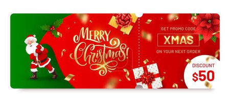 Illustration for Christmas voucher with coupon, isolated vector Xmas ticket template, sale, discount gift card or certificate with cartoon Santa Claus pull huge bag with presents. Holiday promo cheque with promo code - Royalty Free Image