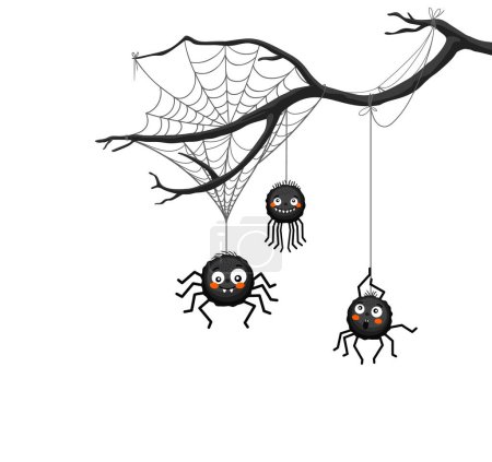 Illustration for Halloween spider border with tree branch and cobweb. Vector trick or treat holiday night monsters characters of cute black spiders insects with funny smiling faces hanging on spiderweb threads - Royalty Free Image