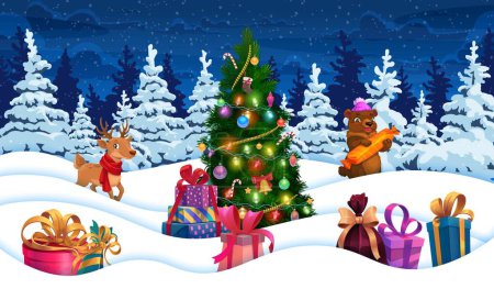 Illustration for Christmas paper cut snowy forest landscape with reindeer, bear and presents on snow. Xmas festive paper cut vector backdrop with animal cartoon characters, Christmas tree, holiday gifts on forest snow - Royalty Free Image