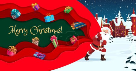 Illustration for Cartoon Santa with gifts bag in winter town. Christmas paper cut greeting card. Xmas, winter holiday papercut banner or New Year vector 3d backdrop with Santa Claus character carrying Christmas gifts - Royalty Free Image