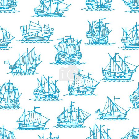 Ilustración de Vintage barcos de vela y veleros, viejos buques sin costura patrón, vector de fondo. Fragatas retro y veleros marinos en patrón de línea de bosquejo azul, veleros o carabelas bergantinas en olas marinas - Imagen libre de derechos