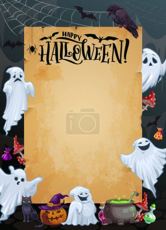 Illustration for Halloween holiday greetings, cartoon ghosts near vintage manuscript scroll. Trick or treat horror night vector poster with old paper and Halloween personages of scary ghosts, pumpkin, bats and spider - Royalty Free Image