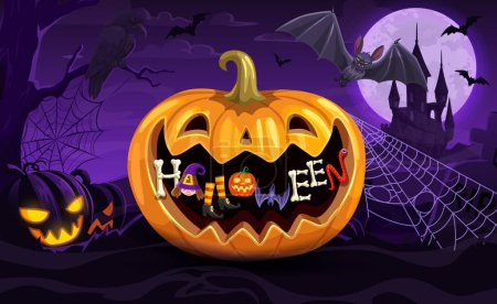 Illustration for Big Halloween pumpkin and midnight landscape with castle, bats and raven, vector trick or treat horror holiday banner. Funny pumpkin lantern cartoon character, spooky tree, spider web and tombstone - Royalty Free Image