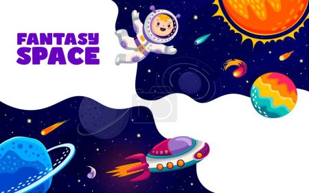 Illustration for Space landing page, cartoon kid astronaut in spaceship and space planets, vector website template background. Galaxy rockets and alien planets, kid spaceman in space or spaceflight to galactic stars - Royalty Free Image