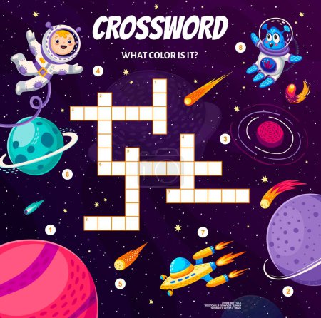 Illustration for Crossword quiz game, cartoon starry galaxy, space planets and characters, vector worksheet. Kid spaceman or astronaut with alien UFO and spaceship rocket on crossword quiz game to guess word of space - Royalty Free Image