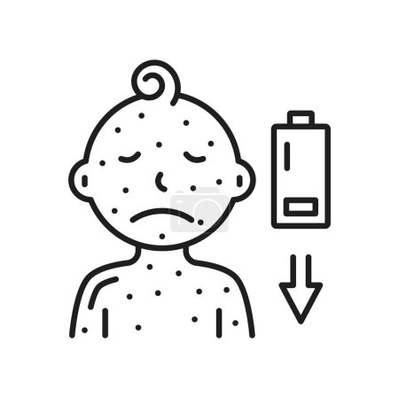 Illustration for Chickenpox treatment ointment, varicella disease medication cream bottle. Vector body and face of child with skin rash, small, itchy blisters - Royalty Free Image
