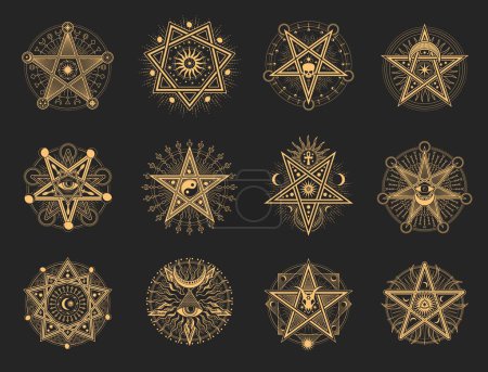 Ilustración de Pentagramas esotéricos ocultos, símbolos de albañil o tarot y signos vectoriales de pentáculo y ojo. Pentagramas Mason y illuminati con el cráneo Baphomet, estrella, pirámide sagrada y símbolos rituales de ocultismo del Tarot - Imagen libre de derechos