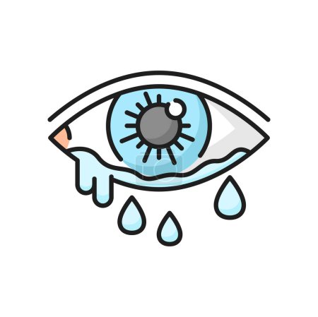 Illustration for Allergy watery eyes color line icon. Allergic reaction, eyesight problem or conjunctivitis disease outline vector symbol. Seasonal allergy symptom outline sign with tears dripping from irritated eye - Royalty Free Image