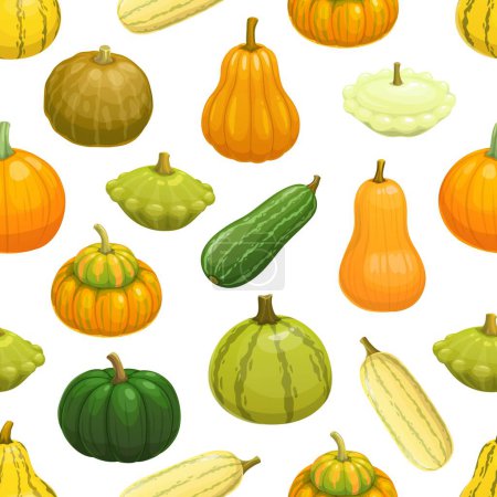 Illustration for Raw zucchini, pumpkin, squash and butternut seamless pattern with autumn harvest vegetables. Vector background with fresh farm green zucchini and squash, orange pumpkin and yellow butternut veggies - Royalty Free Image