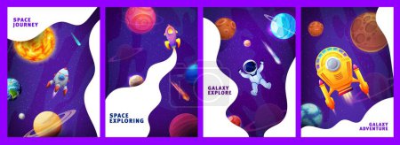 Illustration for Galaxy posters. Cartoon space landscape and spaceship. Company promo banners, business startup vector background or business project posters template with fantastic starships, astronaut and planets - Royalty Free Image