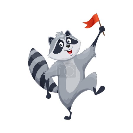 Illustration for Cartoon raccoon character. Isolated vector racoon waving red flag. Wild forest animal participate in parade or march with pennant in hand. Cute joyful smiling coon personage for children book or game - Royalty Free Image