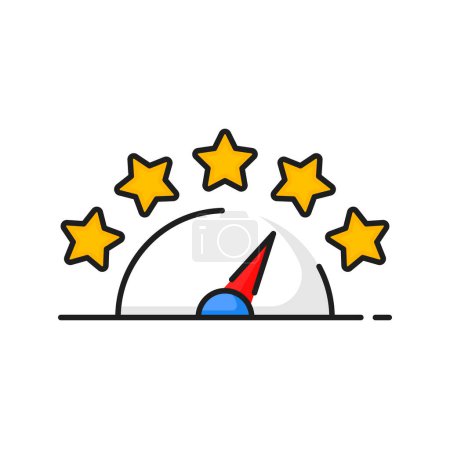 Illustration for Quality rating scale icon with rank stars and arrow. Vector customer satisfaction or client feedback rating level meter with color line five star grade scale from low to best or high ranking - Royalty Free Image