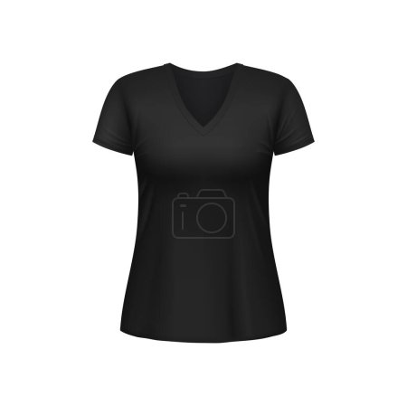 Illustration for Black women tshirt isolated 3d vector apparel mockup. Realistic female garment, underwear clothes. Blank wear clothing design, outfit object with short sleeves and triangular neck line front view - Royalty Free Image