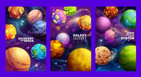 Illustration for Cartoon galaxy space planets poster. Universe discovery, galaxy travel or cosmos adventure vector banners or posters. Astronomy flyer with fantastic alien galaxy and Solar System planets, nebula stars - Royalty Free Image