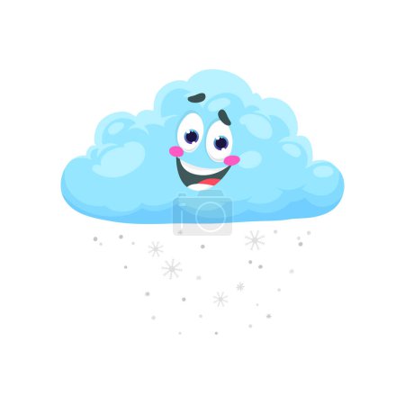 Cartoon winter snow weather character. Isolated vector cute and fluffy cloud with falling snowflakes and friendly smiling face expression. children book, game or meteorology forecast related personage