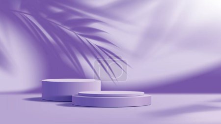 Ilustración de Purple podium mockup, fondo vectorial 3D realista con plataformas redondas o pedestales para la presentación de productos en estudio con sombra de hoja de palma en la pared. Showcase es sinónimo de exhibición de cosméticos - Imagen libre de derechos