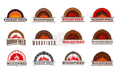 Illustration for Firewood fireplace, chimney and woodfired hearth vector icons of fire in brick oven. Pizzeria, restaurant or grill bar and bakery woodfired signs of fireplace and firewood with chimney and fire flames - Royalty Free Image