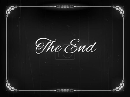 Illustration for Silent movie film The End retro screen or vintage cinema border background, vector frame. Hollywood movie theater classic video or motion picture The End black screen with grunge film scratches - Royalty Free Image