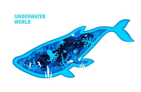 Téléchargez les illustrations : Baleine bleue marine silhouette et papier de mer coupe paysage. Océan fond vectoriel sous-marin avec vagues d'eau, haut-fond de poissons tropicaux, poulpe, étoiles de mer et hippocampes animaux marins, algues et bulles - en licence libre de droit