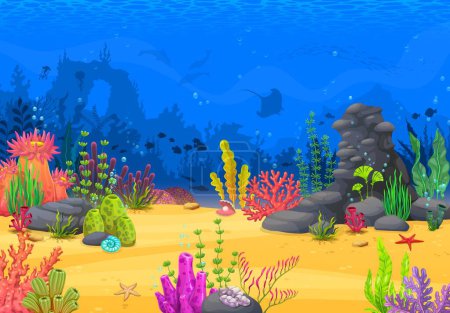 Téléchargez les illustrations : Dessin animé paysage sous-marin, jeu d'arcade fond vectoriel avec récif corallien tropical et les animaux de l'océan. Vagues d'eau de mer, poissons et dauphins, algues, méduses, étoiles de mer et coquillages, atout du jeu - en licence libre de droit