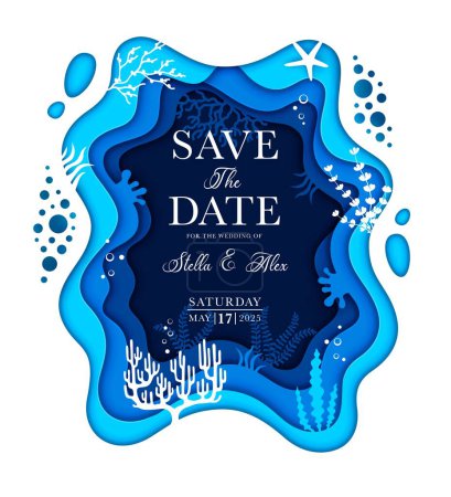 Illustration for Wedding invitation with sea paper cut seaweeds landscape, vector ocean waves frame background. Save the Date invitation card for wedding with undersea papercut frame of coral reef fishes and starfish - Royalty Free Image