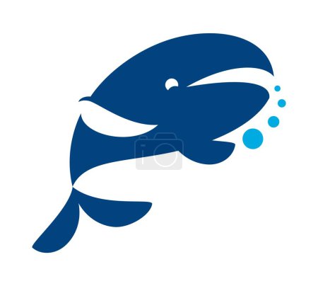 Illustration for Blue whale icon, sea or ocean marine animal silhouette, vector isolated symbol. Blue whale icon of wild nature fish with water bubbles for company sign and corporate emblem - Royalty Free Image