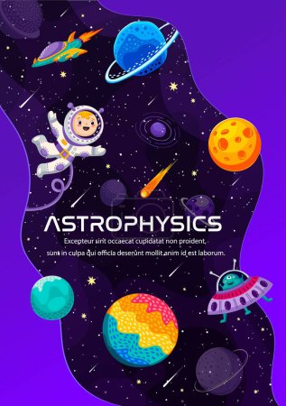 Illustration for Astrophysics, starry galaxy and kid spaceman in outer space with planets, vector education poster. Astrophysics classes and planetary background with cartoon kid astronaut, rocket spaceship and UFO - Royalty Free Image