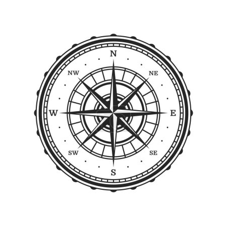 Illustration for Old compass, vintage map wind rose star with vector arrows of North, South, East and West direction points. Sea travel map compass dial with antique wind rose star, marine adventure and cartography - Royalty Free Image