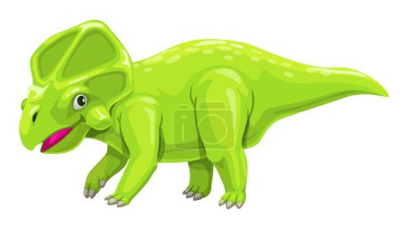 Illustration for Protoceratops dinosaur cartoon character for kids toy or game, vector Jurassic reptile. Funny cute green dino or Protoceratops dinosaur with smile face for children prehistoric education or dino game - Royalty Free Image