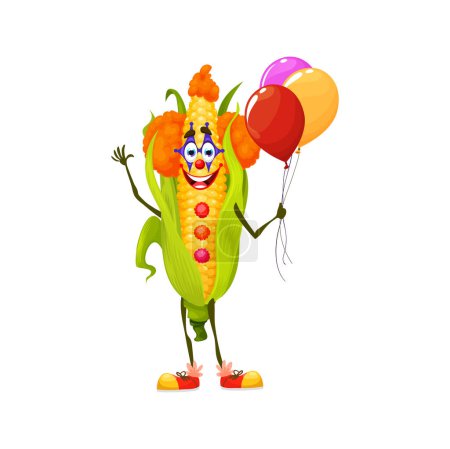 Illustration for Cartoon Halloween corn clown character. Whimsical vegetable comedian wear bright costume and wig hold balloons. Isolated vector funny harlequin personage celebrate party rejoice in holiday atmosphere - Royalty Free Image
